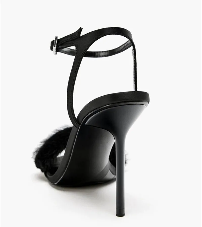 الفاخرة فو الفراء مصمم صنادل عالية الكعب المرأة مثير المفتوحة تو الكاحل حزام مشبك خنجر الكعوب أنيقة مأدبة فستان الأحذية #4