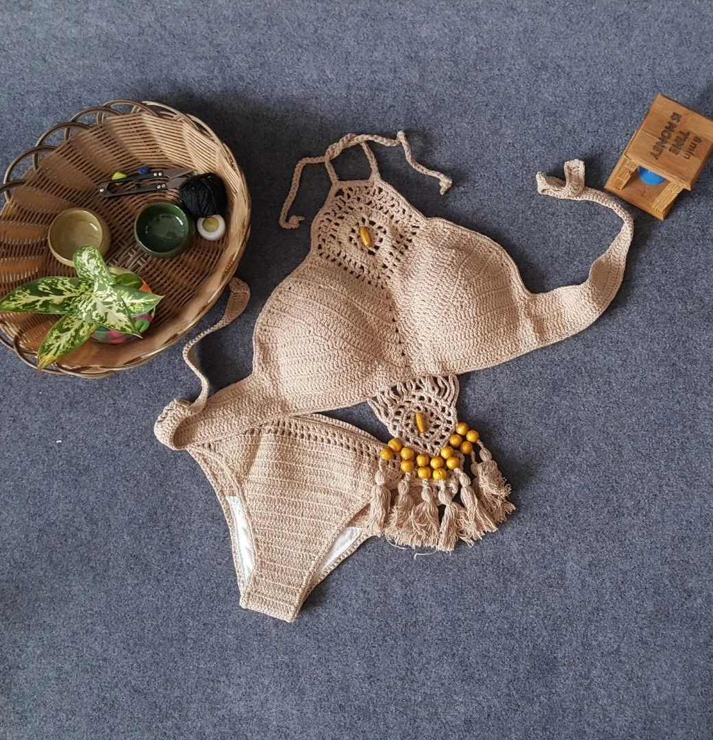 New Hand-crocheted Summer Creative Bat-type Tassel Beaded Beach Casual Sun Bath Women's Bikini Separate Swimsuit