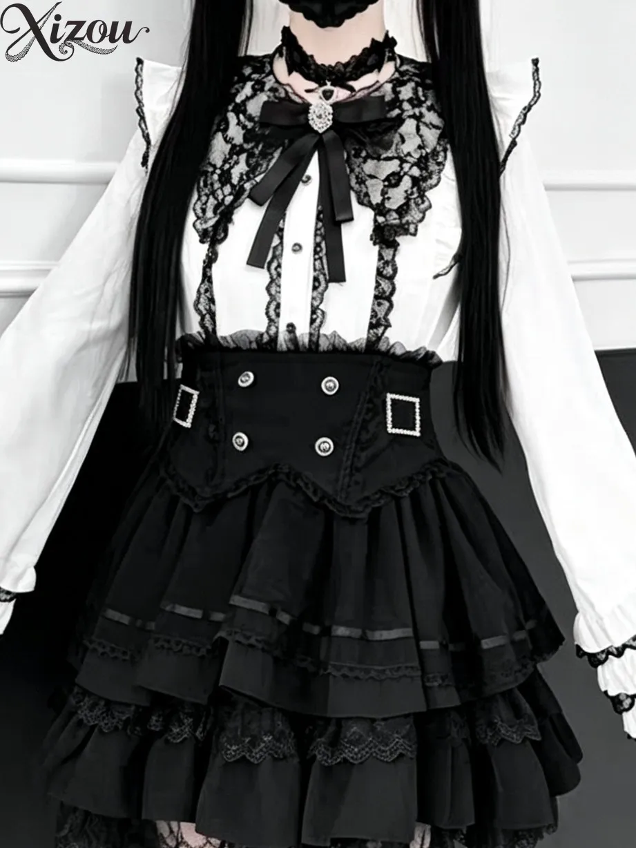 Gothic Jirai Kei Lolita Lace Long Sleeve Blouse Pink Ruffle Bow Tie Y2K Inner Shirt Daily Top 2026 Spring Autumn Blouses Women