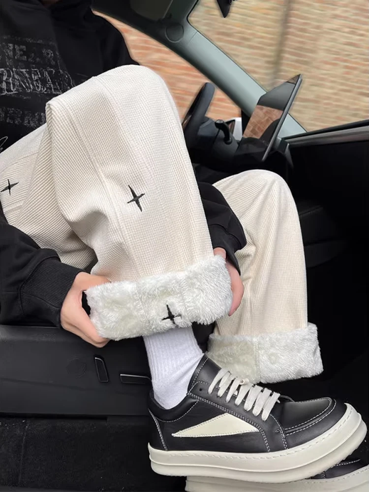 

American High Street Vibe Men's Sport Pants Autumn Winter Drapey Embroidered Fce Lined Warm Wide Leg Loose Casual Long Tro...