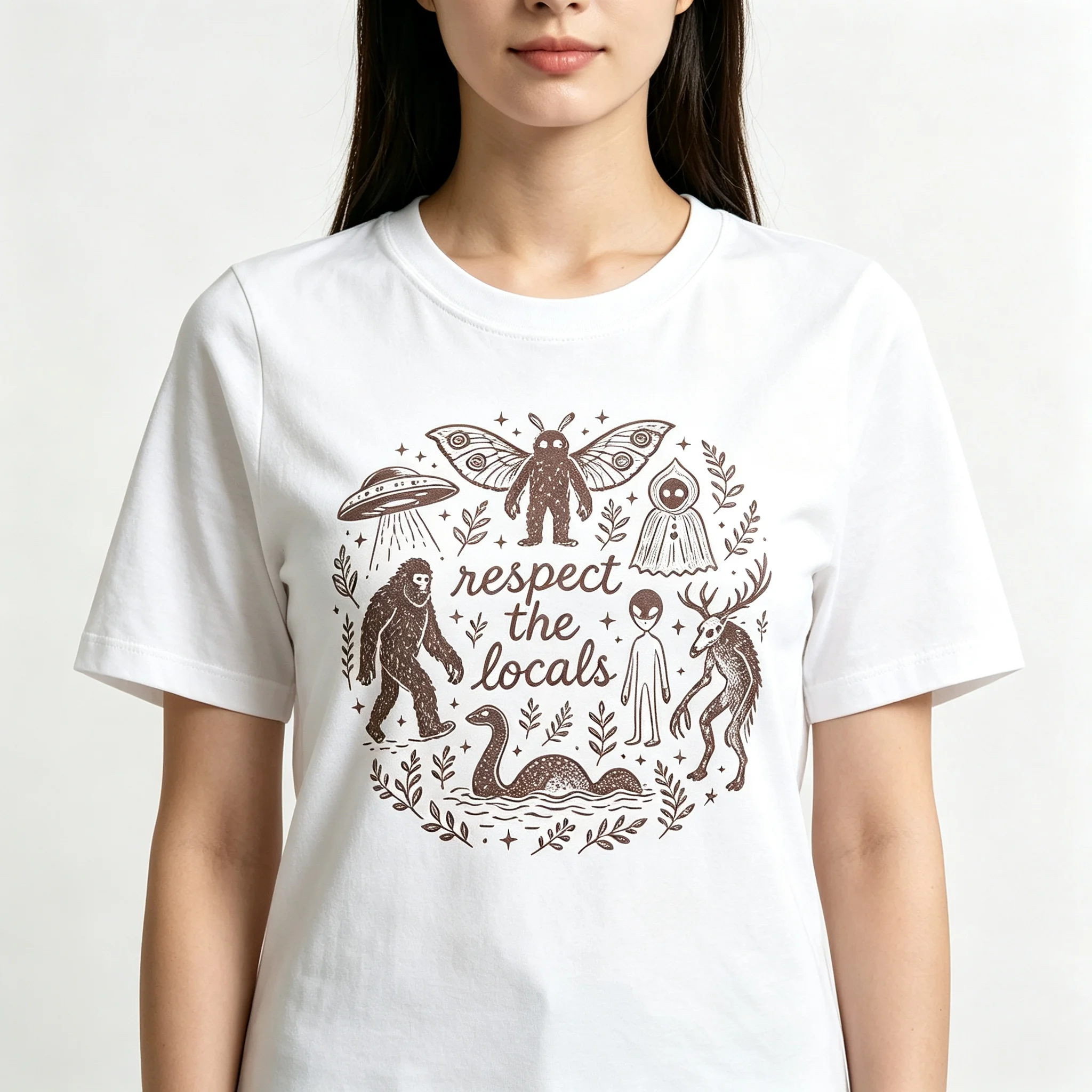 Ladies Gothic Creative Tee Vintage Bigfoot Alien Mothman Print Respect The Locals Letter Soft Casual Retro Short Sleeve Tops