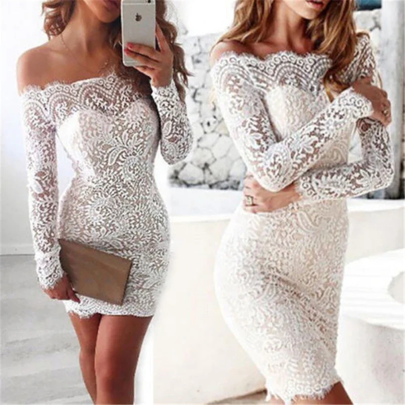 

Spring Summer New Sexy Women Off Shoulder Slash Neck Dress Party Cocktail Lace Floral Bodycon Female Dresses