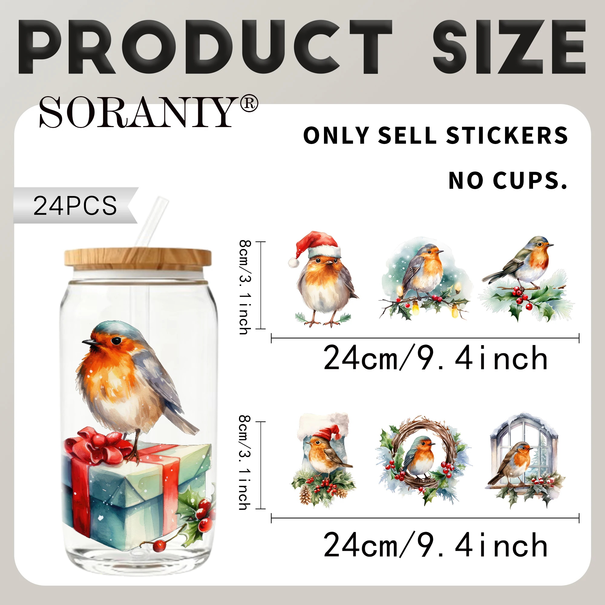 24PCS/Set Christmas Robin Themed UV DTF 16OZ DIY Transfer Paper Sticker