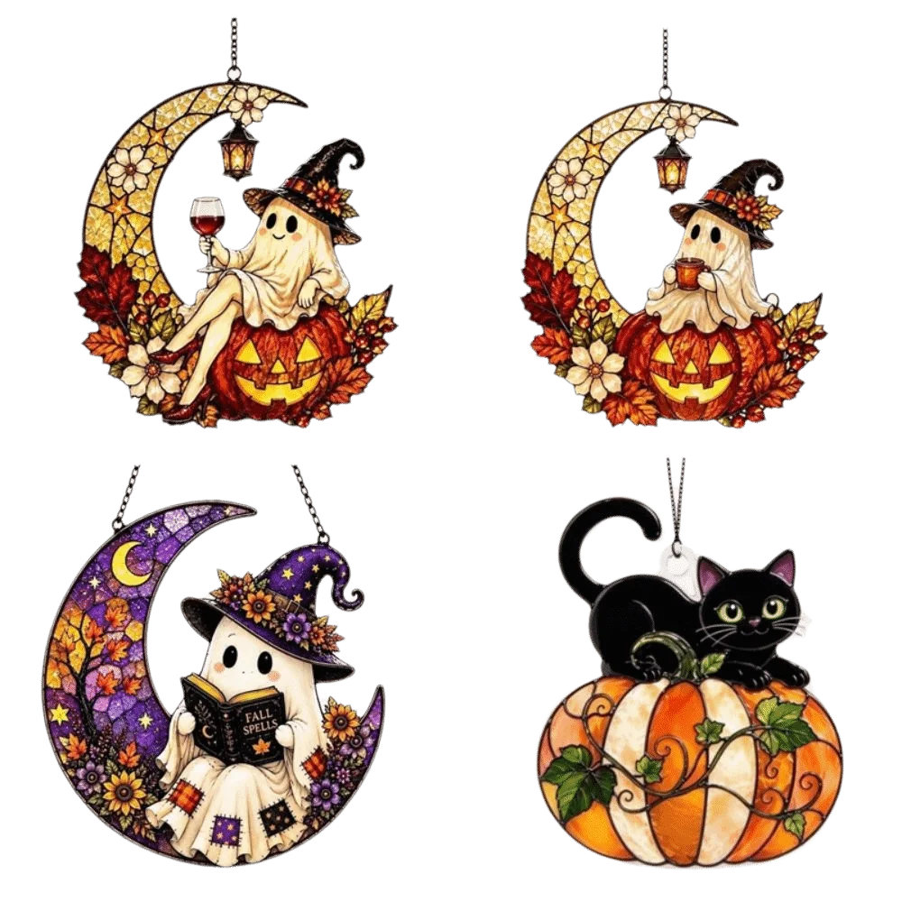 2D Flat Acrylic Halloween Ghost Ornaments Pumpkin Cat Colorful Sun Catcher Light-Catching Home Decor