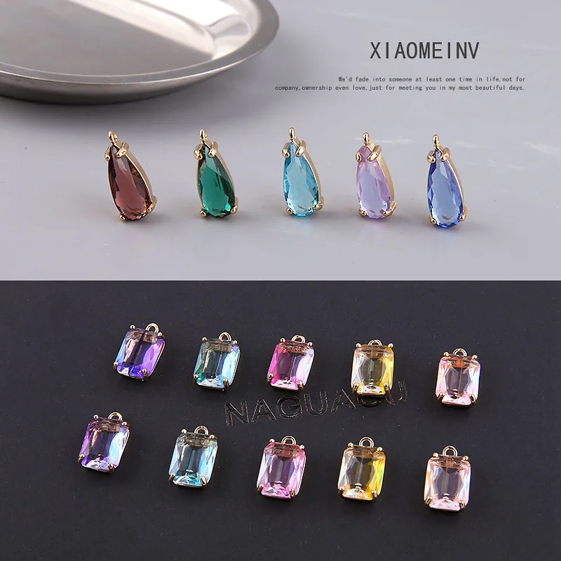 1pcs Diy Jewelry Gold Color Plating  Zircon Water Drop Rectangular Earring Necklace Bracelet Material Handmade Charms