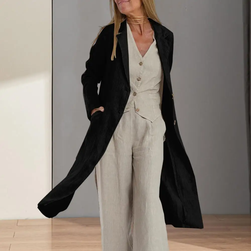 Cappotto lungo da donna elegante Cardigan con risvolto per donna cappotto Chic di media lunghezza con bottoni doppi morbido e traspirante primavera autunno per donna