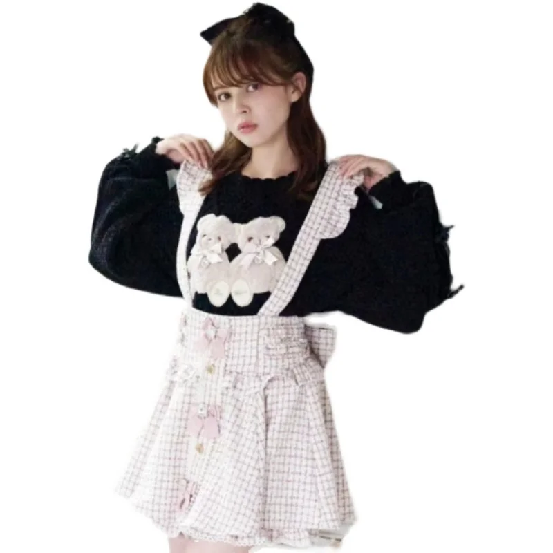 Cartoon Lolita Sweet Bear Lace-up Bow Pullover Sweaters Women Fall Winter Clothes Japanese Round Neck Bubble Long Sleeve Sweater