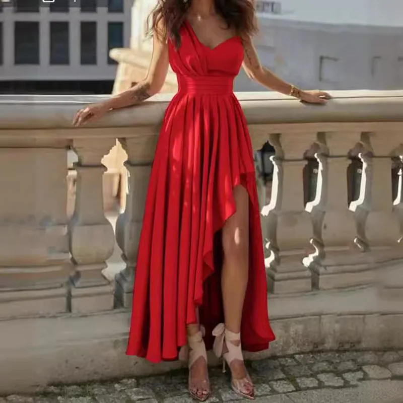 Elegant High Slit Bridesmaid Dress Women V Neck Asymmetrical Hem Pleated Maxi Gown For Formal Evening Party Graduation Gala New