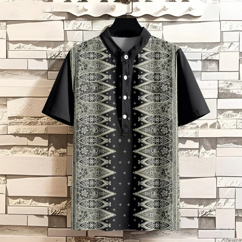 

Retro Striped Pattern Grandpa Shirt For Men Colorful 3D Printed T-Shirts Summer Street Short Sleeve Tee Stand Collar Polo Shirts