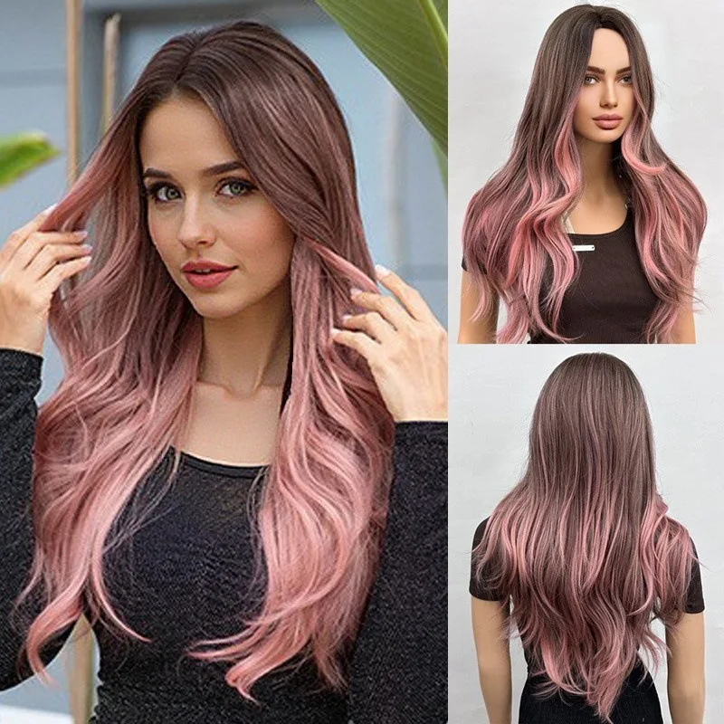 

Gradual change of color Long hair Medium long curly hair Synthetic women's fiber Heat-resistant wig Headgear