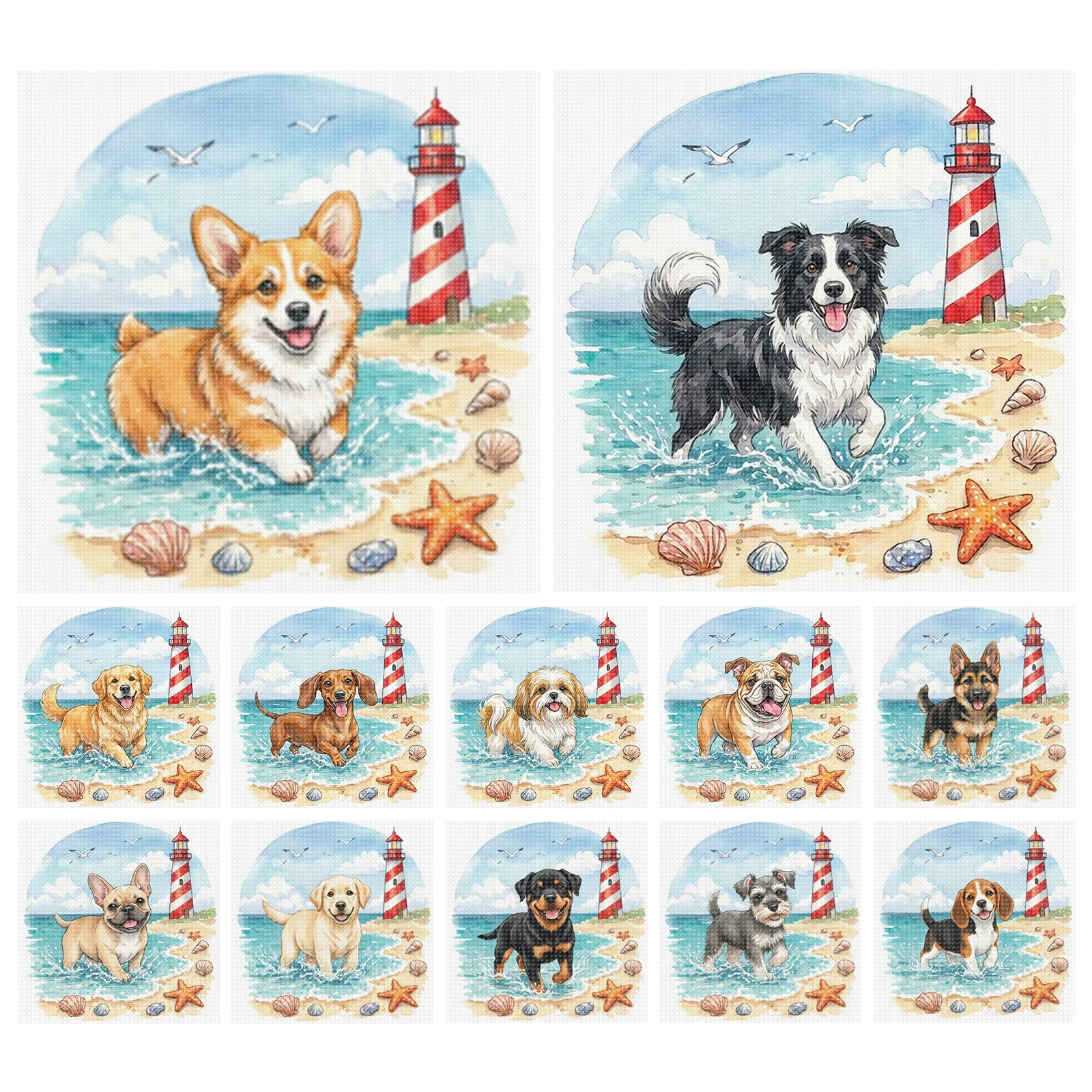 

Dog on The Beach Full 14CT DIY Stamped Embroidery Needlepoint Starter Kits 11.81x11.81inch for Beginners Adults Home Decor