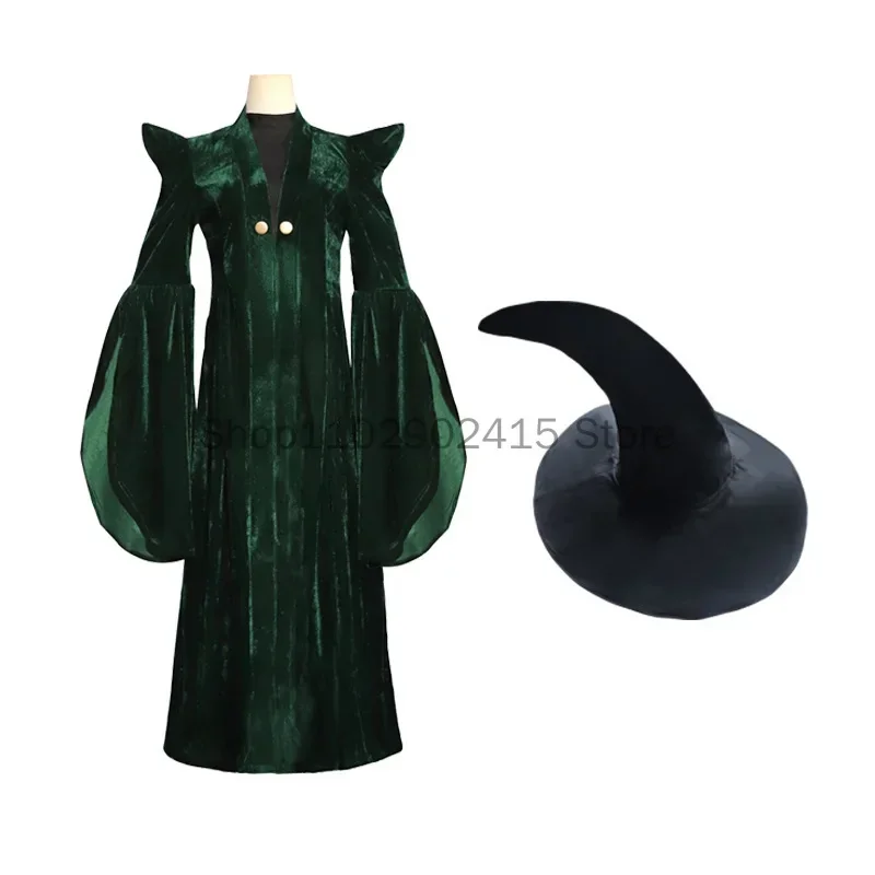 High Quality Professor Minerva McGonagall Cosplay Costume Dress Green Cape Velvet Role Play Cloak Halloween Carnival Costume