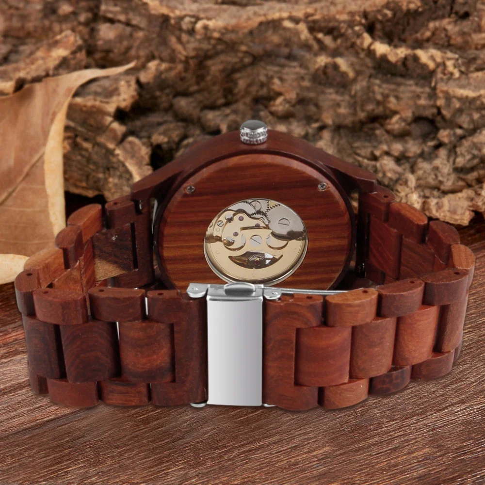 NEW Brand Red Wooden Men's Automatic Mechanical Hand Wind Watch Casual Fashion Trend Accessories Men's Wooden Watch