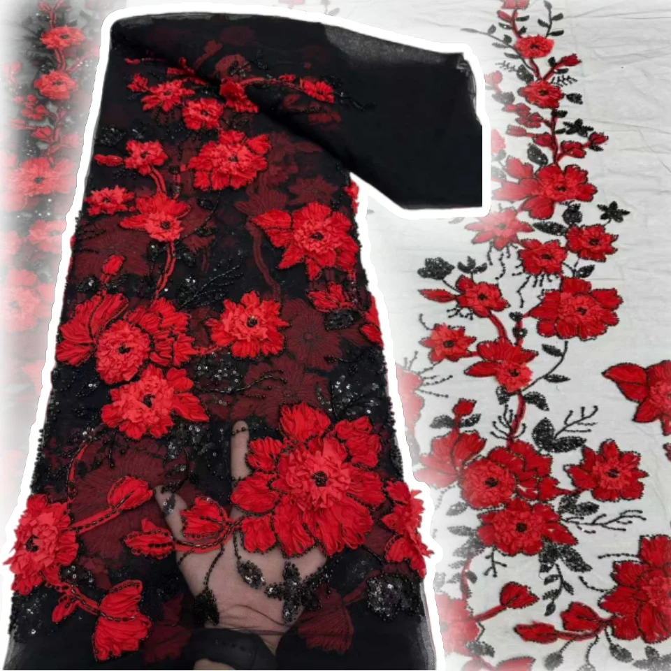 

2025 High Quality African Fashion French 3D Flower Sequin Lace Fabric Beaded Embroidery Lace Fabric Ladies Dress Sewing CC1688
