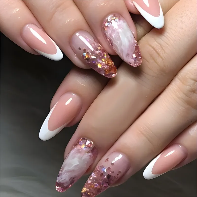 

Shine Sequin Short Stiletto Fake Nails With Glue Sticker Acrylic French Press On False Nails Tip Manicure Fingertips Accessory