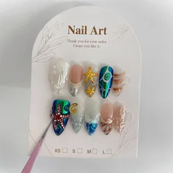 Handmade Press on Nails Aurora Blue Underwater 3D Starfish Shell Decor Fake Nails European Shiny Blue Metal False Nail Tips