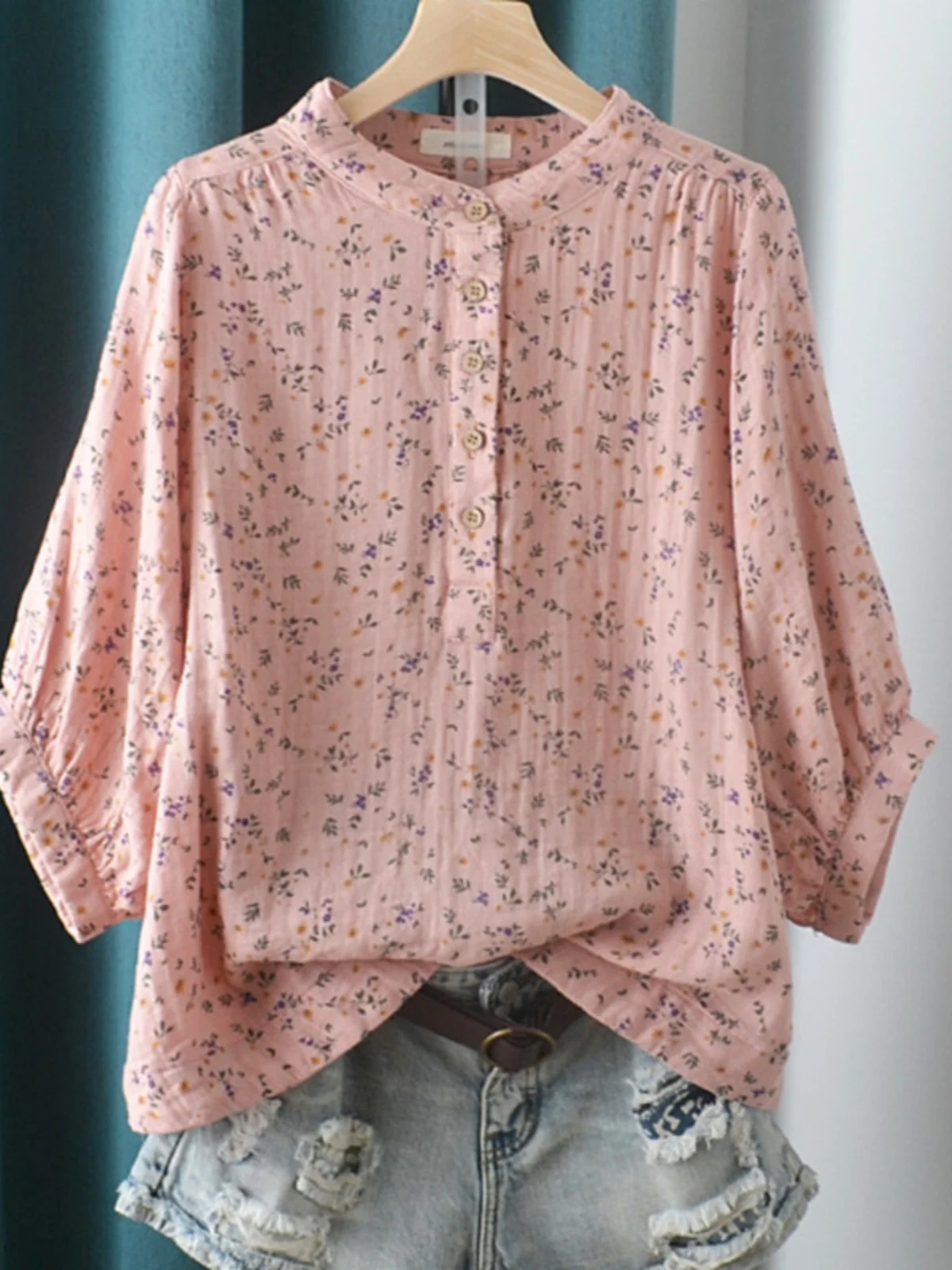 

Loose Women's Floral Stand up Collar irt Baby Skin Print Casual irt Button Detail Polyester Fabric Sve Seven Button