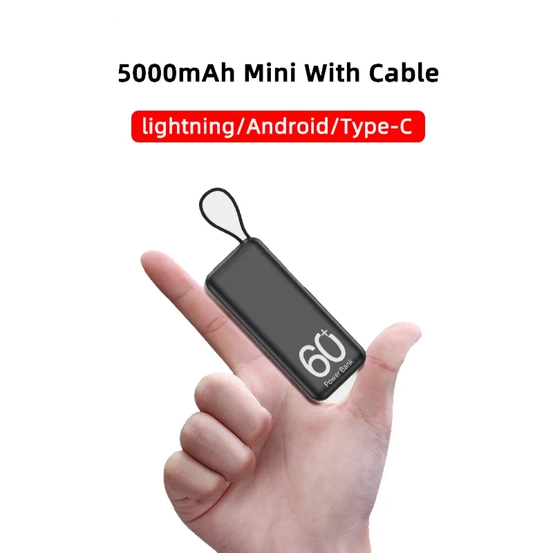 5000mAh Mini Power Bank Portable Small Fast Charger With Cable Mobile Powerbank External Spare Battery for iPhone Samsung Xiaomi