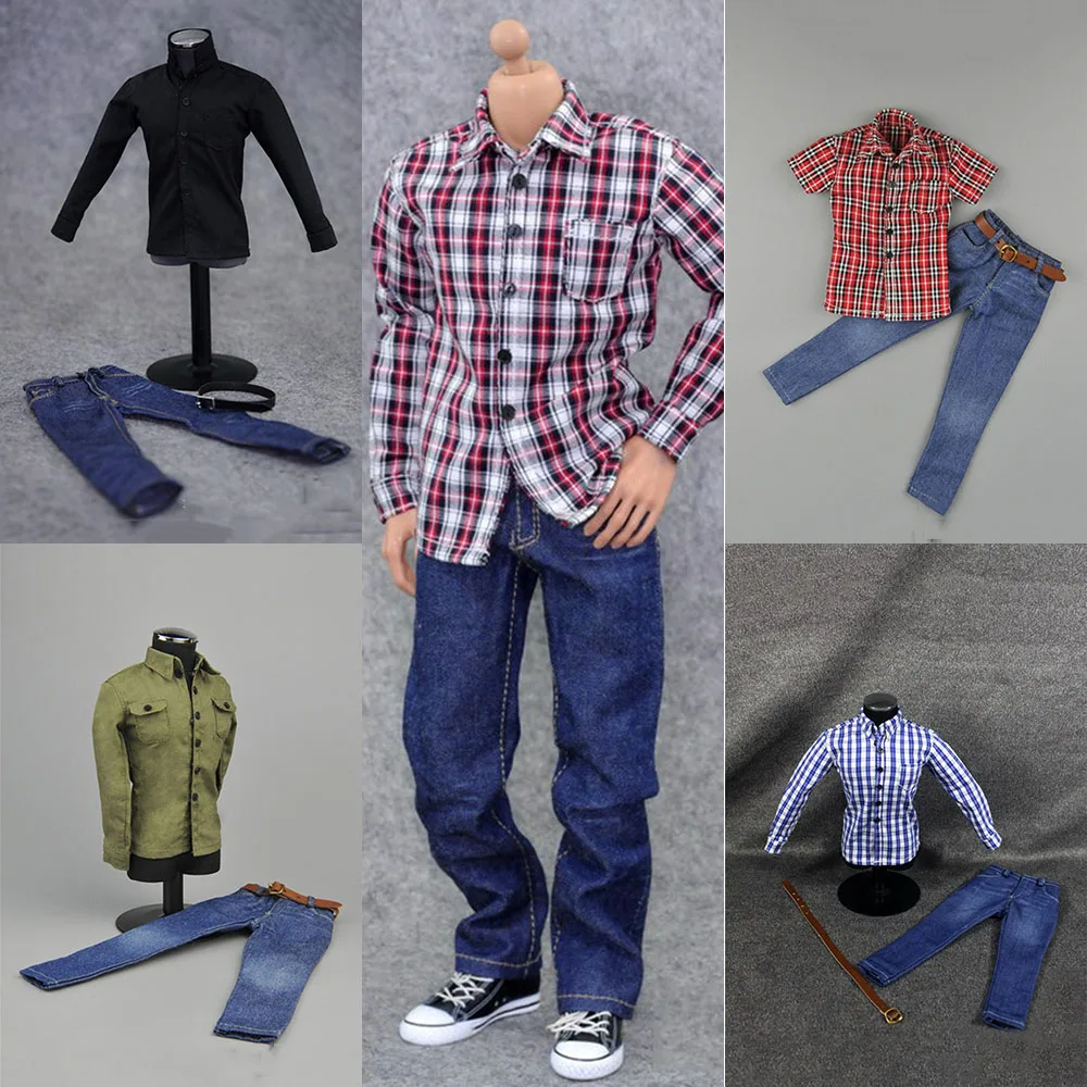 

ZY5001 ZY5002 ZY5028 1/6 Scale 3 Pcs/set Men's Long Sleeves Classic Plaid Shirt Denim Pants Set Clothes for 12'' Action Figure