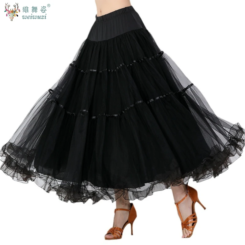 ผู้หญิง Flamenco โมเดิร์นห้องบอลรูมเต้นรํา Big Swing กระโปรงสังคมเต้นรําครึ่งกระโปรงประสิทธิภาพสแควร์ตาข่ายครึ่งฝึกชุดยาว