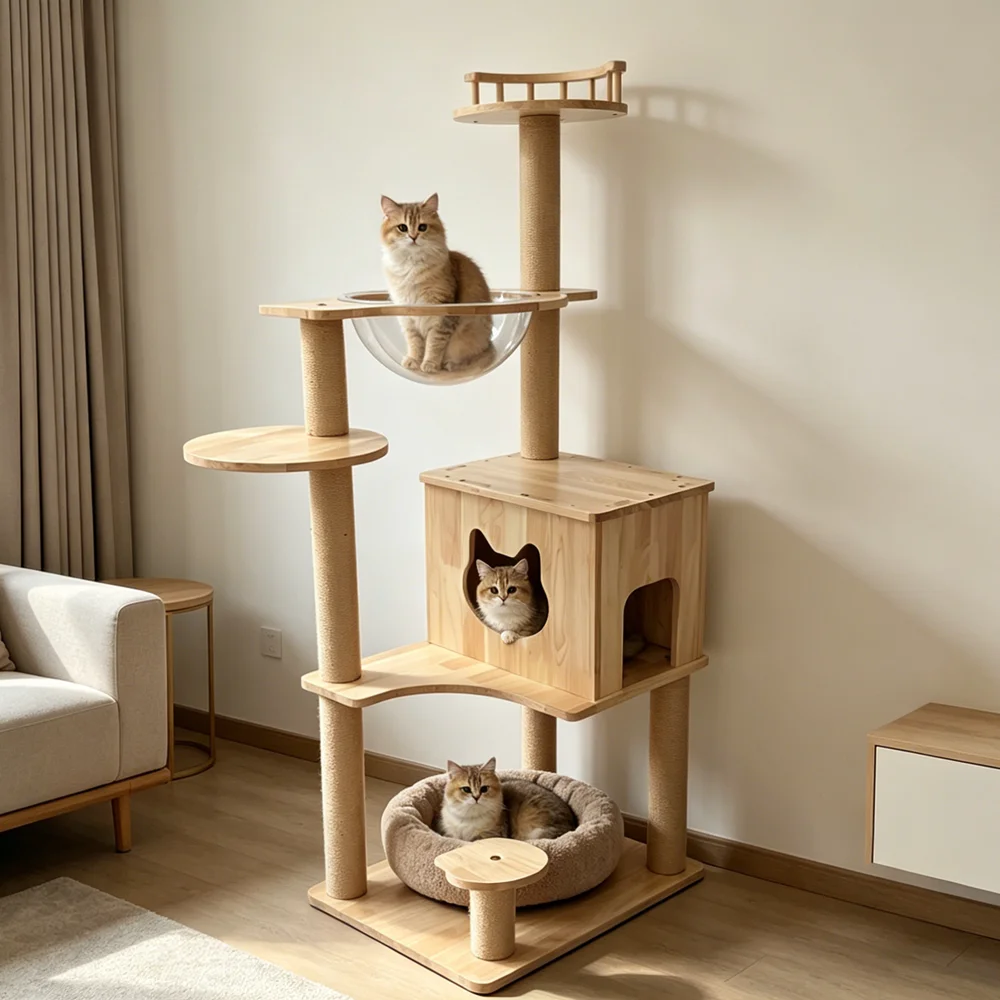 Solid Wood Non-Inflatable Cat Tree Climbing Scratching Lounging Features Compact Space-Saving Design Home Use All-in-One