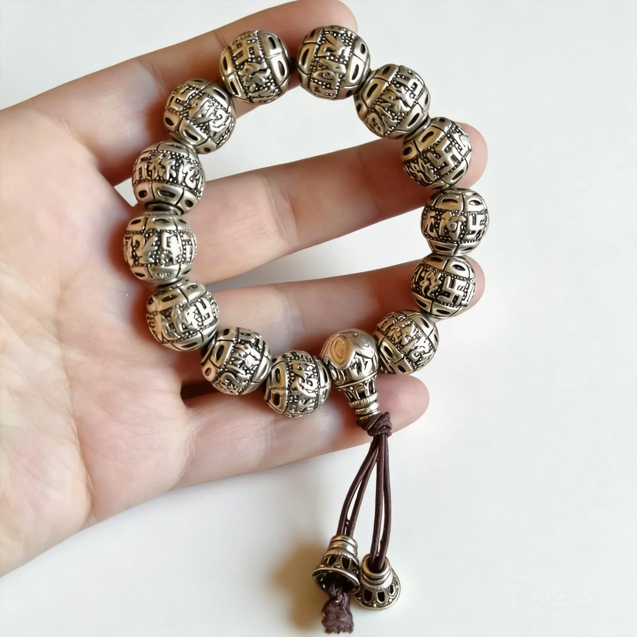 Pulsera de hombre chapada en plata y cobre blanco de estilo chino vintage, cuentas de oración de Amitabha Buda grabadas, amuleto de la suerte y buena fortuna