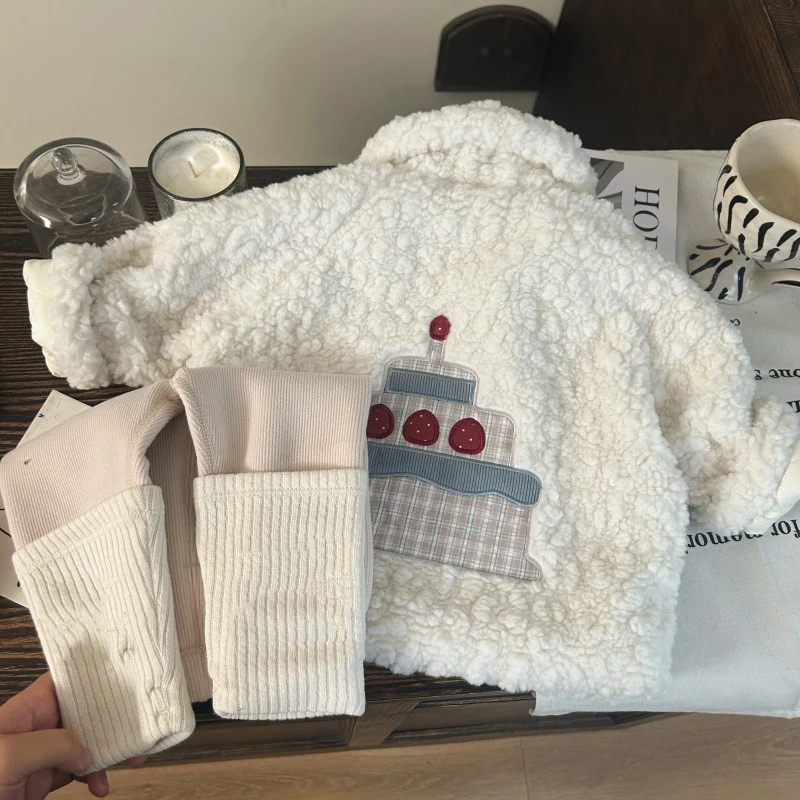 

UNITIM Toddler Girls Lamb Wool Jacket Cake Embroidery Thicken Warm Kids Girls Coat New Winter Patchwork Little Girls Jacket