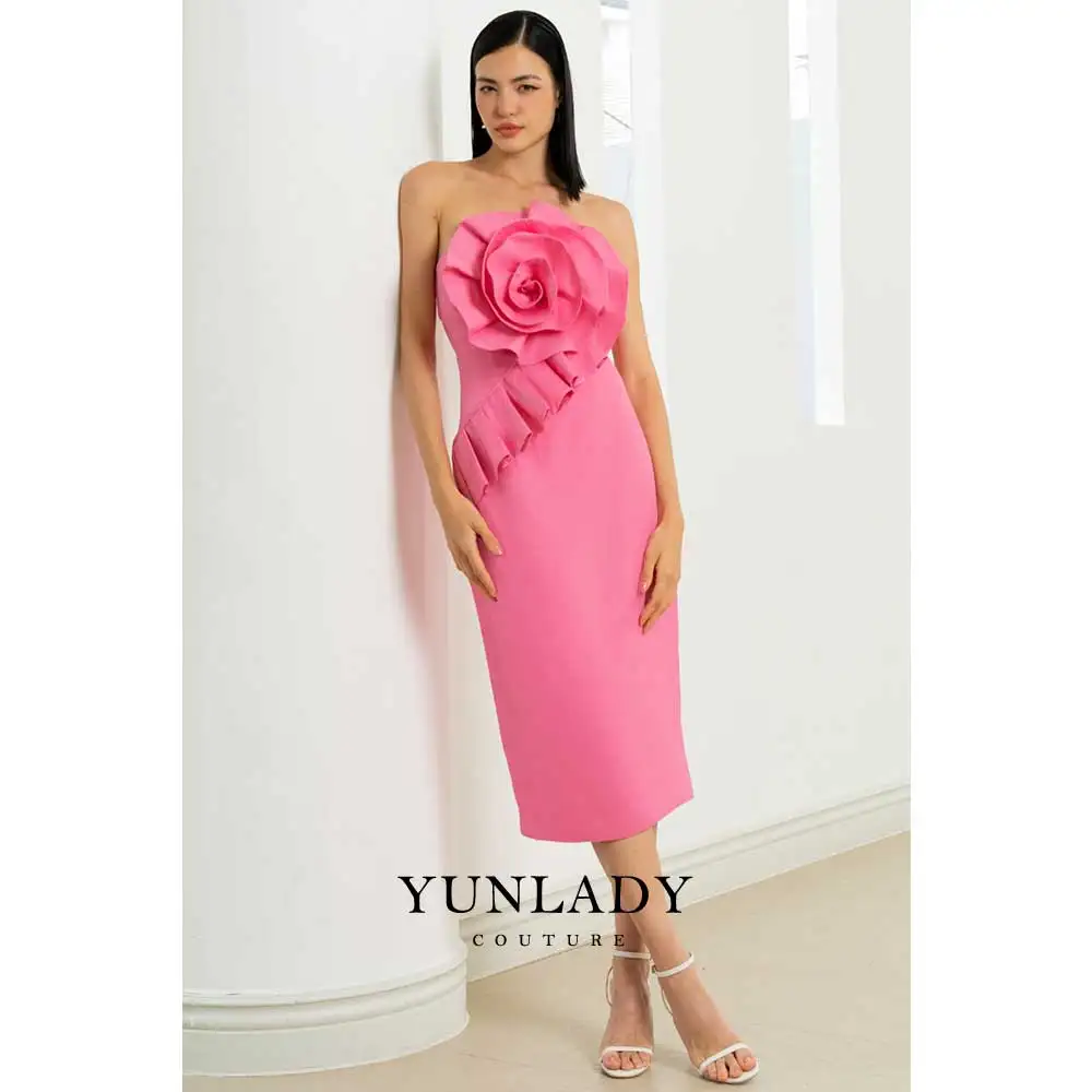 YUNLAN Elegant Mermaid Midi Pink Strapless 3D Flower Evening Dress 2024 Saudi Arabia Women Wedding Guest Formal Party Dress