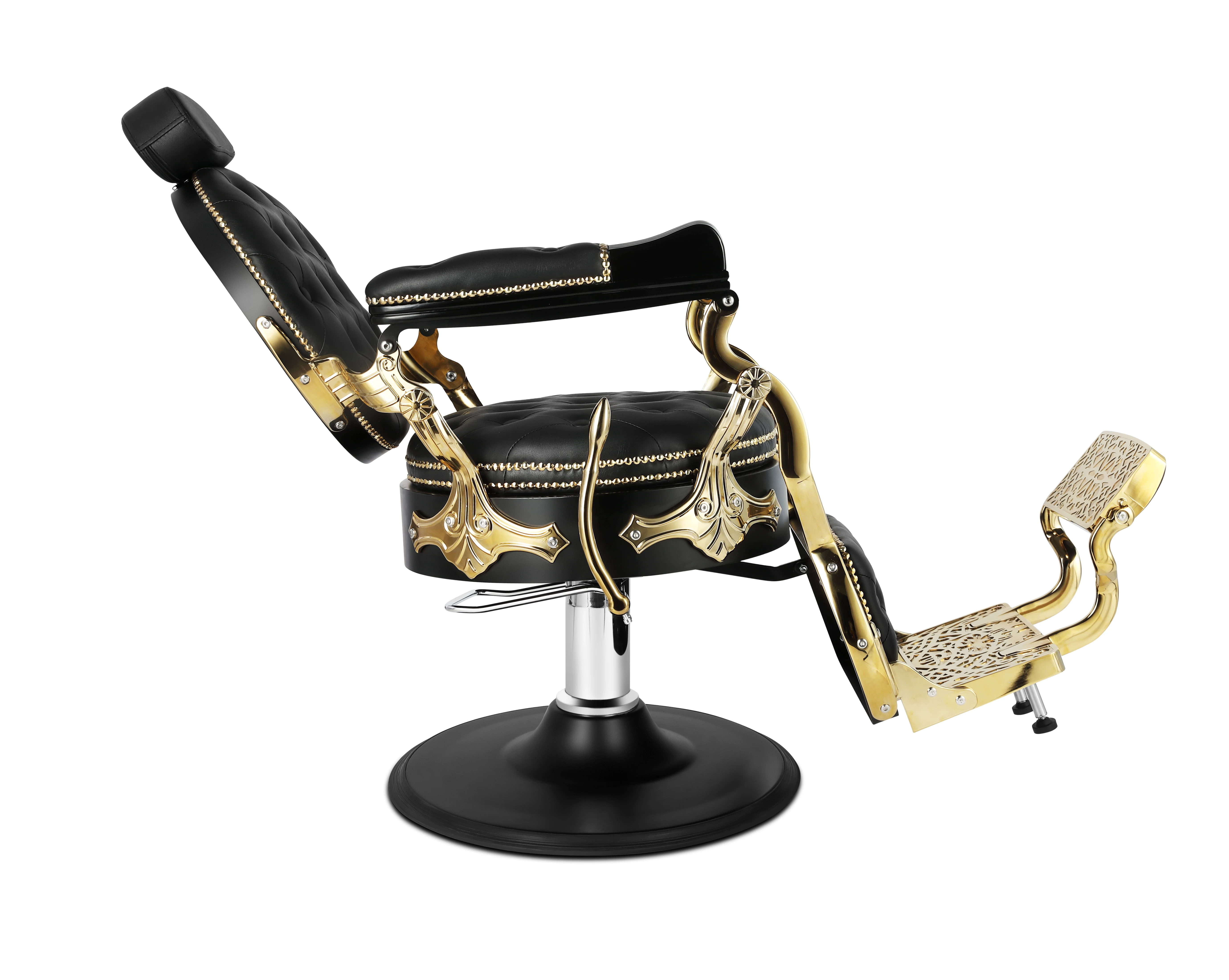 Vintage Beauty Salon Furniture Luxuriöser schwarzgoldener Friseursalonstuhl, hydraulischer großer Pumpen-Friseurstuhl zu verkaufen