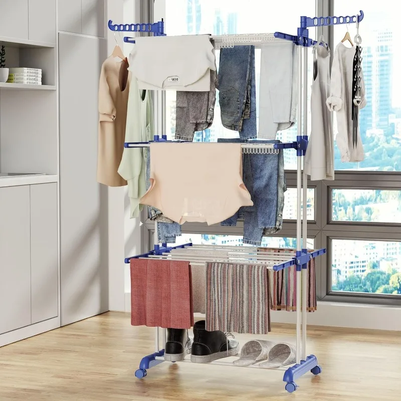 Clothes Drying Rack,Folding Clothes Rail Storage Rack, 4 Tier Clothes Horses Rack Stainless Steel Laundry