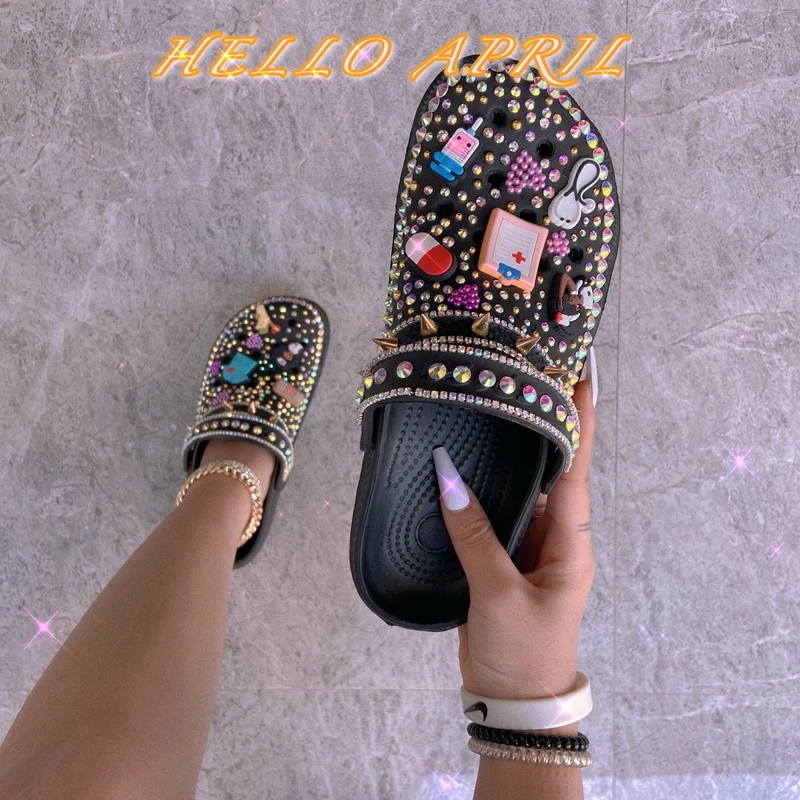 Women Shoes Sandals Summer Slippers Rivet Soft Garden Shoes Bling Clogs With Charms Female EVA Casual Shoes Plus Size 36-44