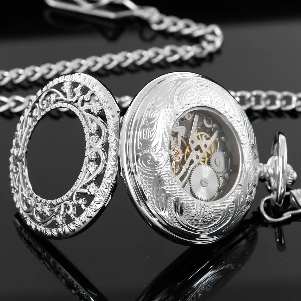 NEW Luxury Silver Antique Mechanical Pocket Watches For Men Friends Hand-winding Pockets Fob Watch Gift