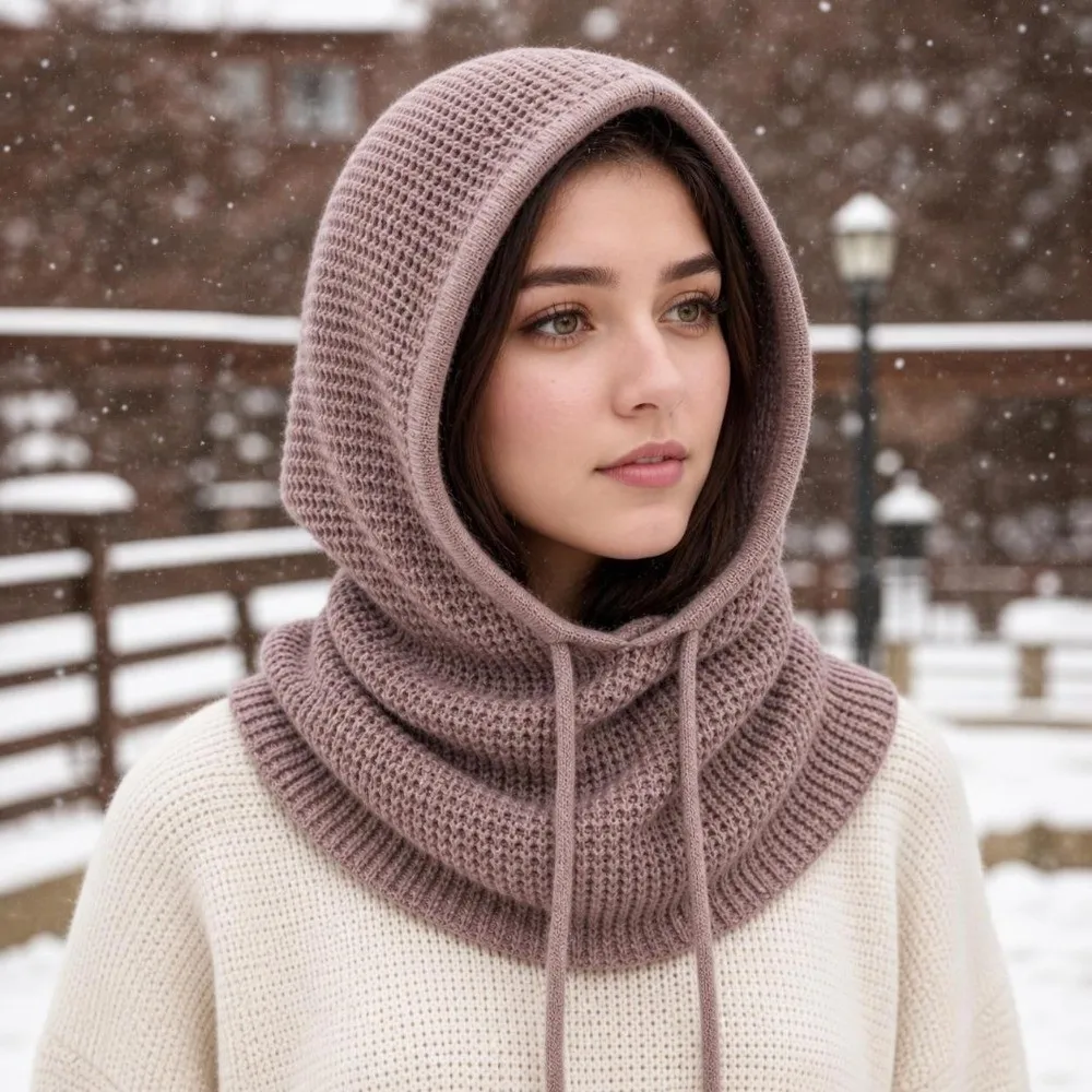 One-Piece Design Knitted Balaclava Hat Drawstring Closure Thick Knit Hooded Beanie Dual-Purpose Fashion Collar Neck Warmer Hat