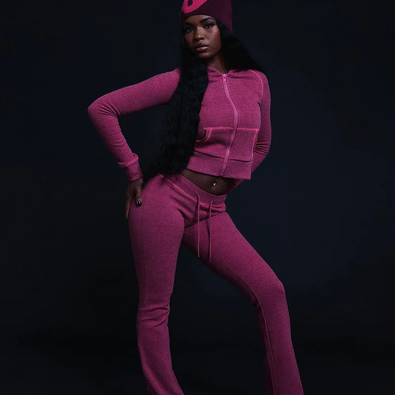 

Женский однотонный повседневный тонкий комплект из 2 предметов, спортивные костюмы на молнии с длинными рукавами и карманами, толстовки с капюшоном, топ + брюки-клеш, спортивные костюмы