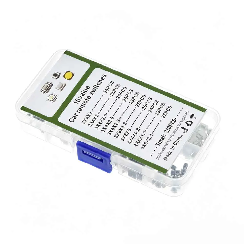 100/200/250Pcs 10 Types Tactile Push Button Switch Kit, SMD Micro Momentary Tact Switch for Car Remote Key Fob Repair, 3*4 4*4 3