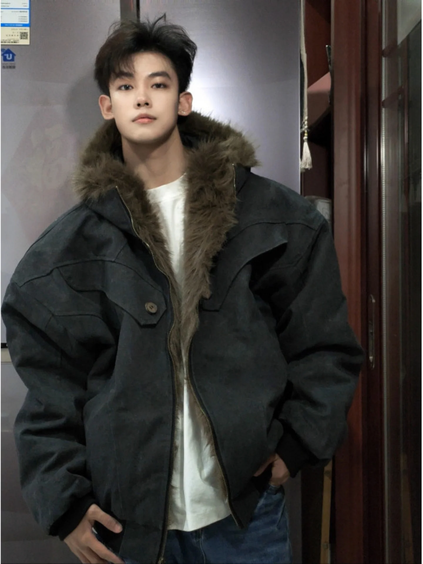 

Men's Thiened Hooded Jaet Quilted Cotton Coat with Fur Collar Autumn Winter Warm Casual Cleanfit Zipper Closure Coat