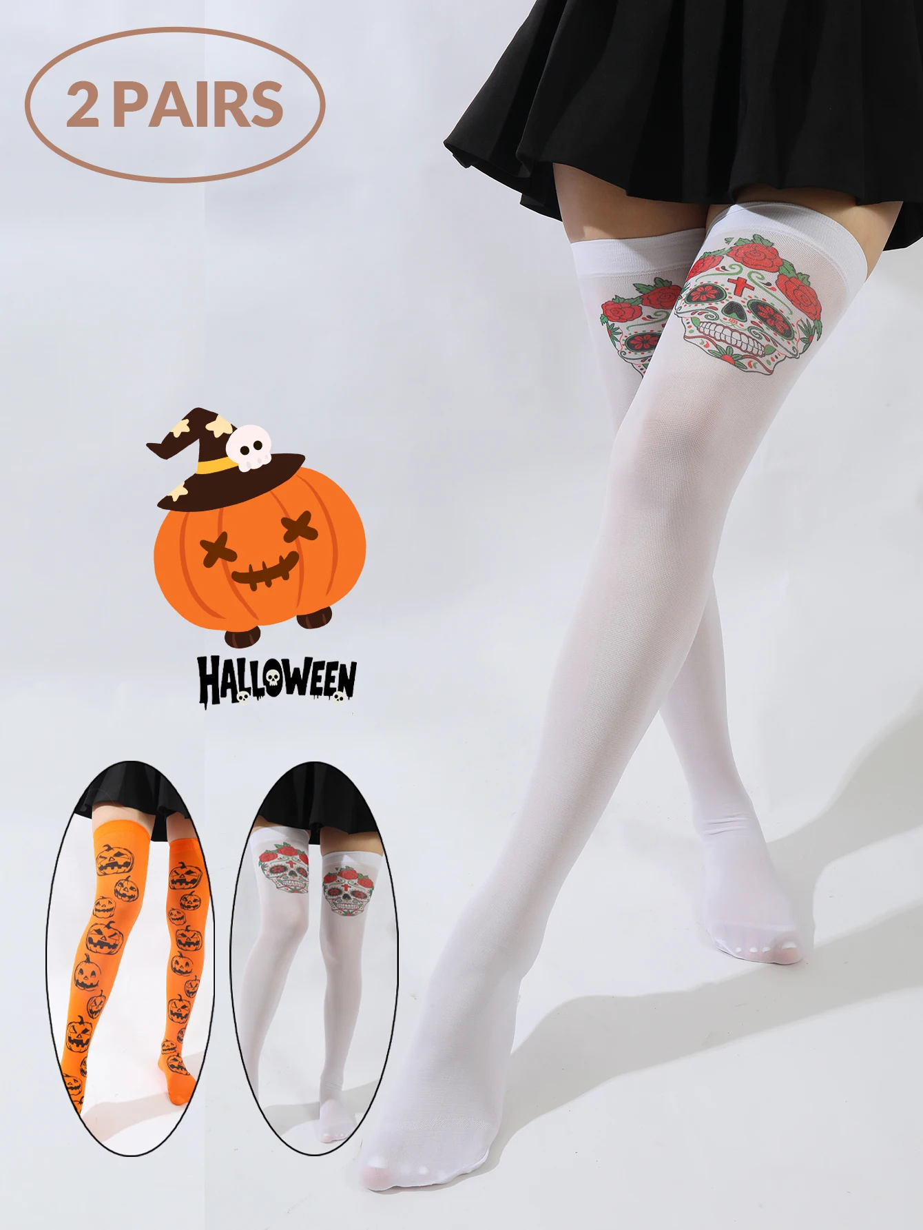 1/2pairs Halloween Frauen Oberschenkel Hohe Strümpfe Sexy Dünne Schwarze Dünne Socken Halloween Skeleton Seide Strumpfhosen Schädel Druck strümpfe Co