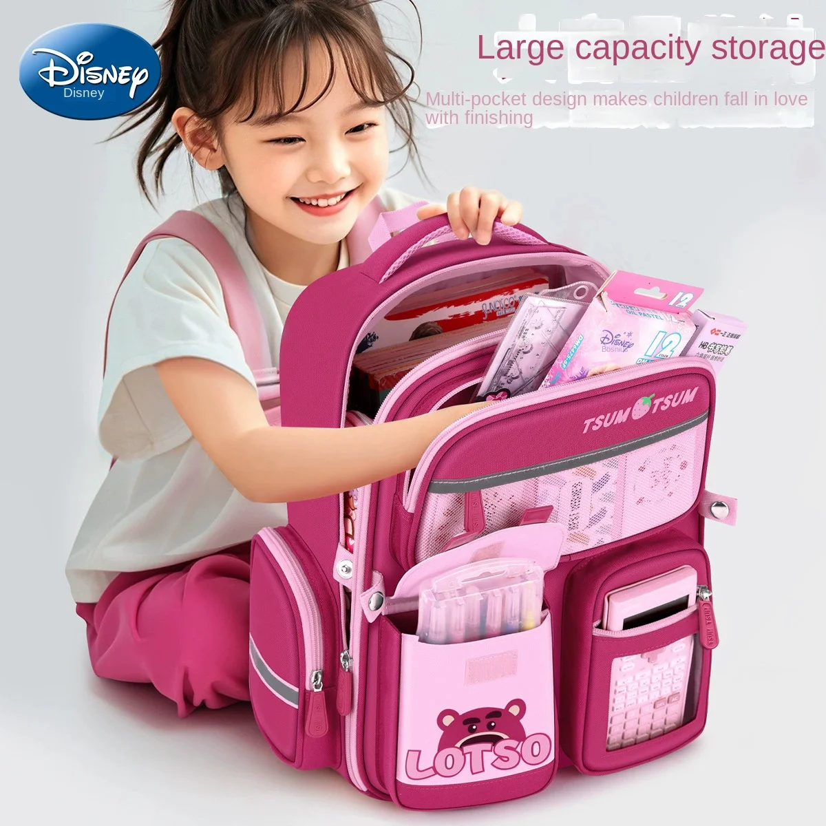 Disney Lotso Girl School Bag Grade 1-3 Primary Student Shoulder Orthopedic Backpack Large Capacity Light Kids Gifts Mochilas