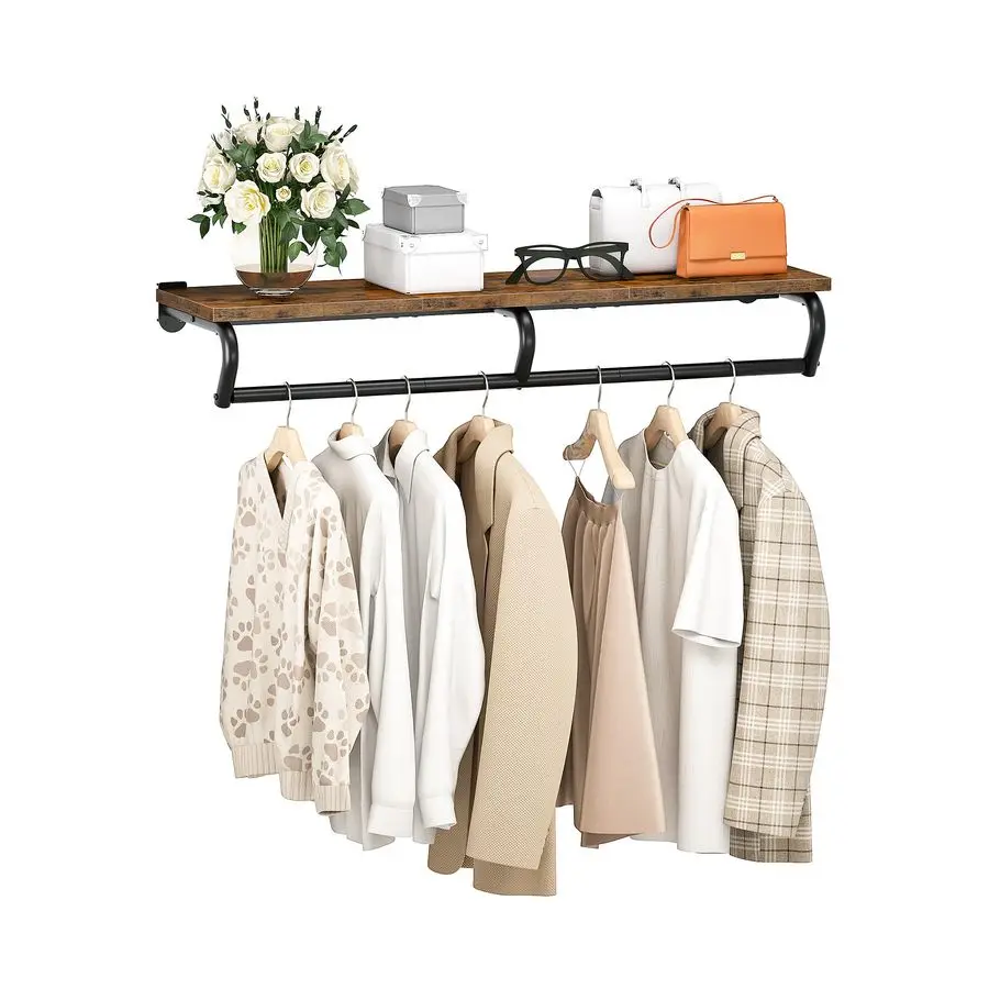 

Mounted Clothes Rack, Metal Garment Rack with Top Shelf, Laundry Storage Shelf with Hanging Rod, for Laundry Room, Bedroom, Entr