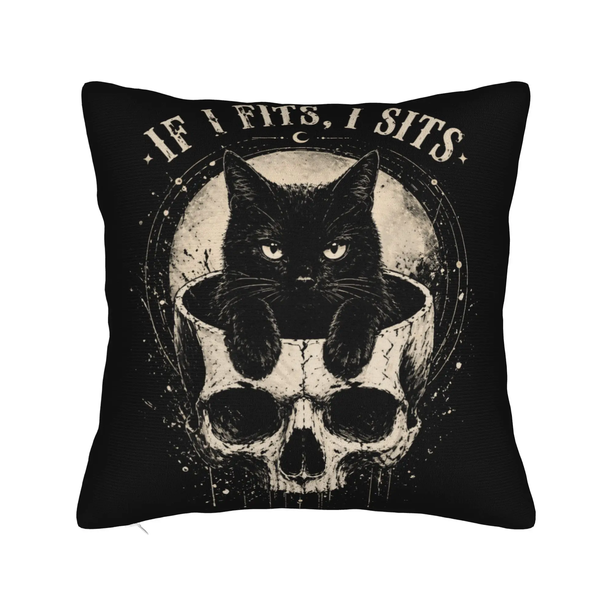 If I Fits I Sits Funny Cat Skull Gothic Retro Grunge Vintage Pillowcases  Retro Trendy Pillow Case For Living Room Pillow Cover