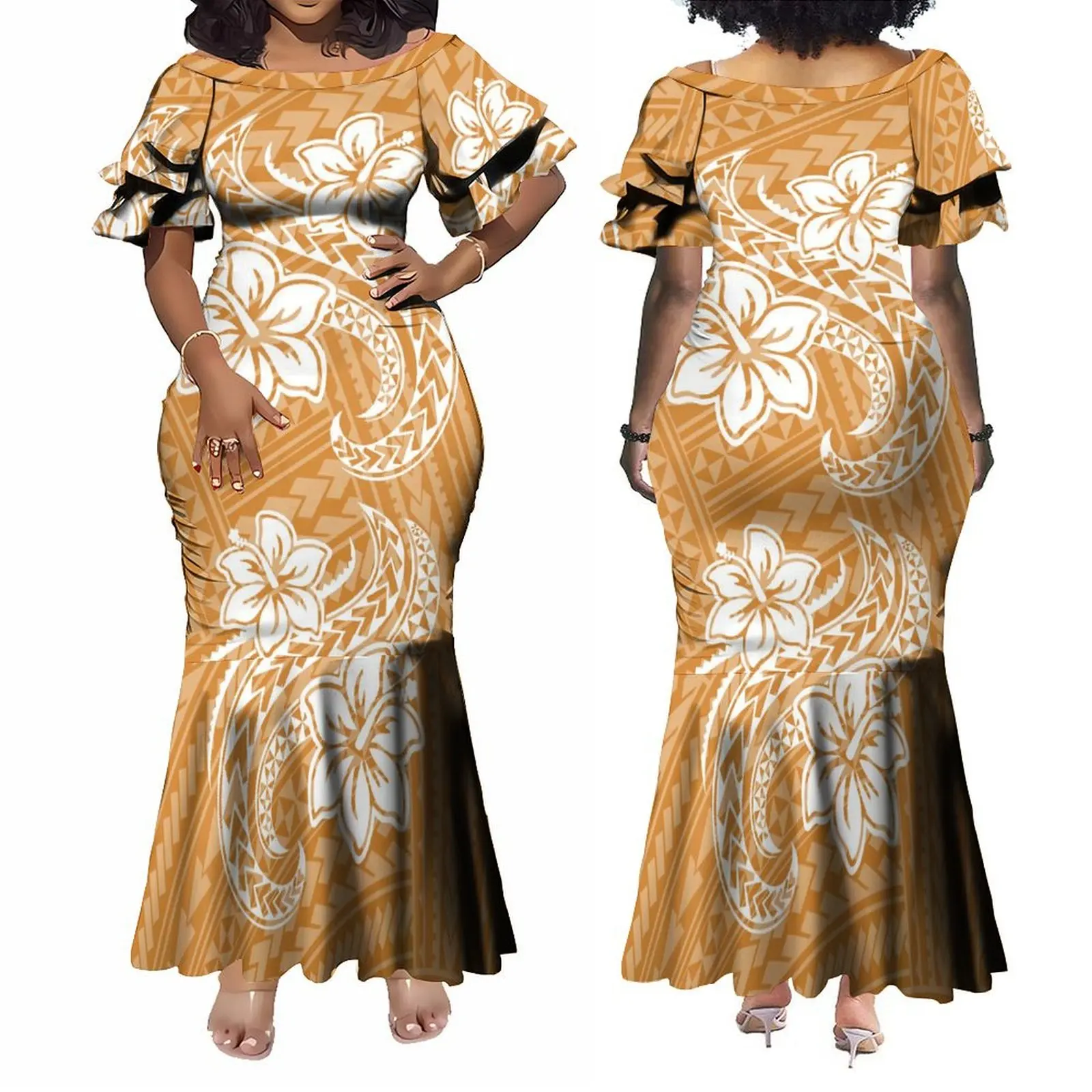 Vestido tribal branco samoano para mulheres, vestidos de sereia midi em camadas, presente do dia das mães, elegante vestido francês babado da senhora