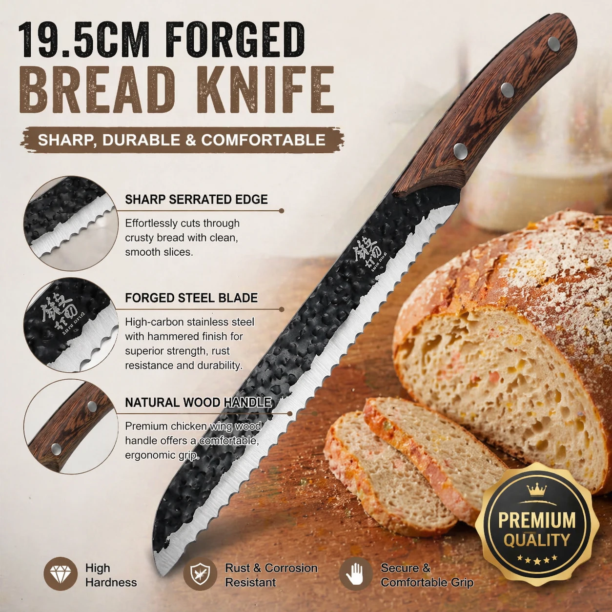 Traditional Hand-Forged Serrated Bread Knives,Hammered Stainless Steel Blade with Full-Tang Wooden Handle for Breads&Fruit