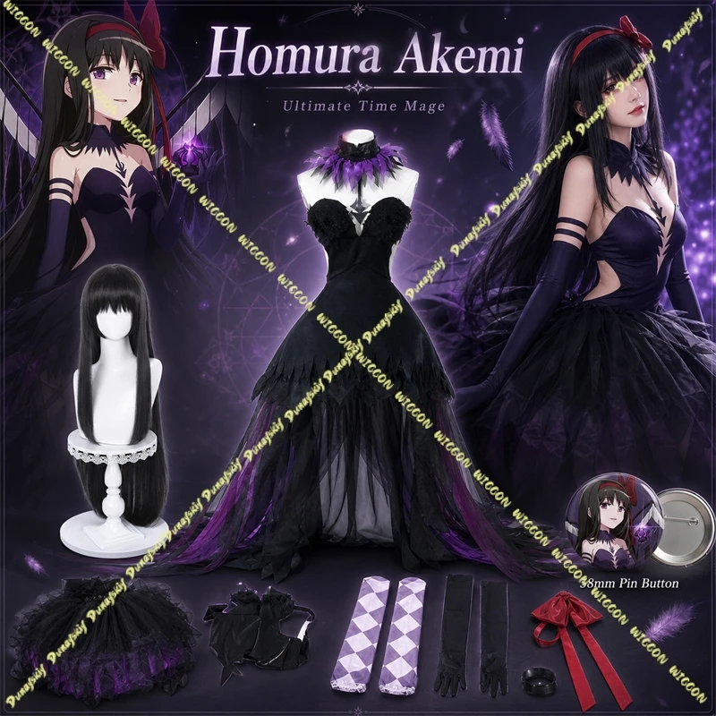 Disfraz de Cosplay de Puella Magi Madoka Magica, Disfraz de Akemi Homura, La Historia de la Rebelión, Vestido Oscuro, Conjunto Completo, Atuendo de Anime para Juego de Roles