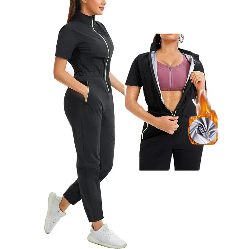 MrifDila Full Zip Up Saunasuit Jumpsuit with Pockets Waist Trainer Suit Short Sleeve Sweating Shaping Body Building Weight Loss