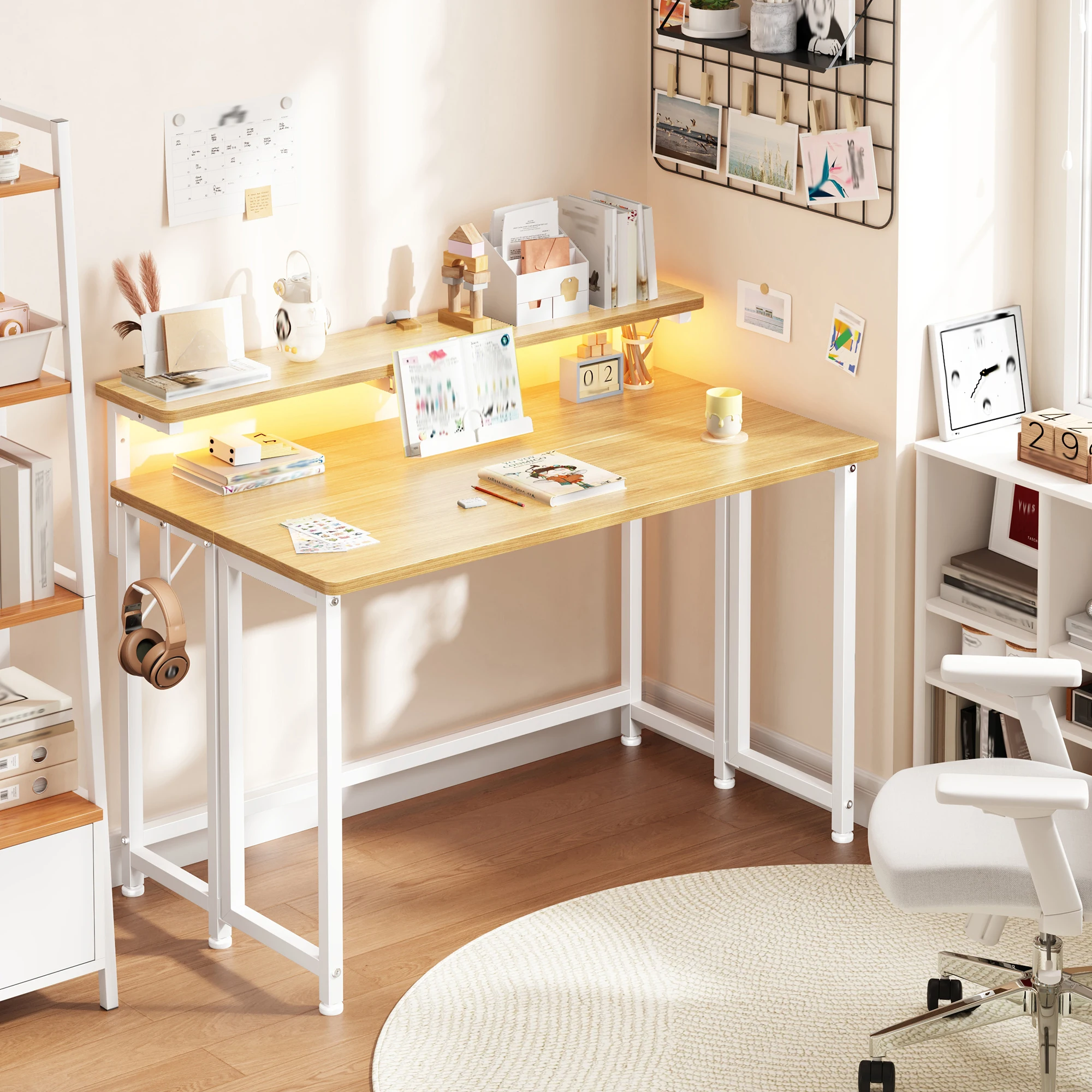 EnHomee Foldable Computer Desk with Monitor Stand & RGB LED Lights, Small Space Gaming Writing Table with Storage & Hooks