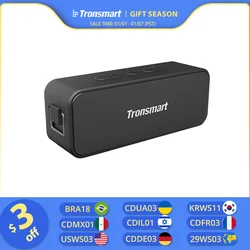 Alto-falante Tronsmart T2 Plus versão atualizada com Bluetooth 5.3, IPX7 à prova d'água, NFC, 24 horas de reprodução, Micro SD para camping, ao ar livre