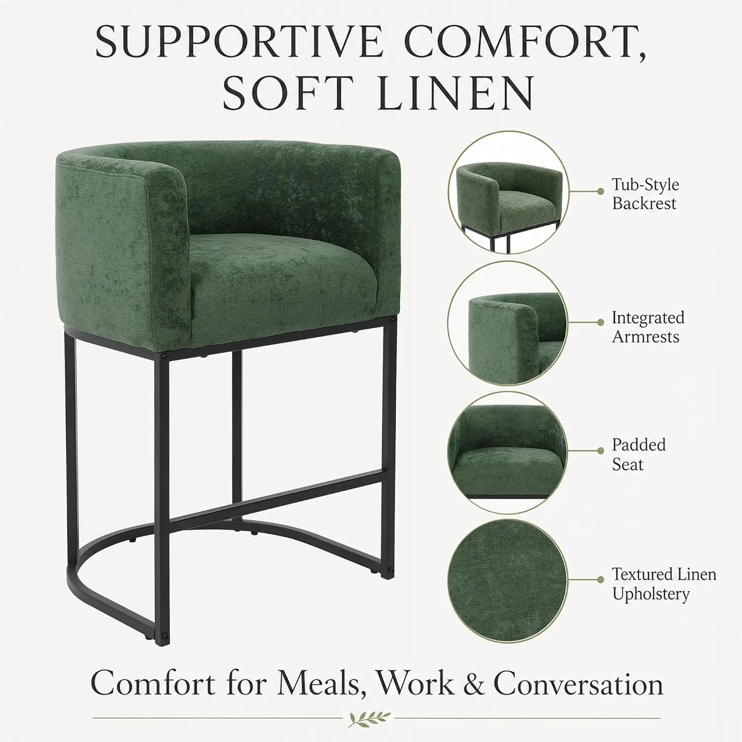 Modern Barrel Counter Stools 4-Pack with Backrest & Arms, Black Metal Frame, Chenille Fabric, Kitchen Island, Green, Customized