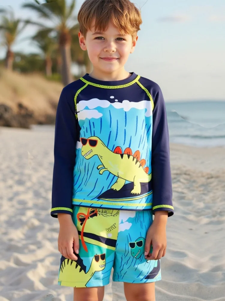 Boy Kids Swimsuit 2026 New Blue Waves Dinosaur Short Sleeve Children Swimwear Summer 2 Piece  Beach Shorts Bathing Suit Swimming