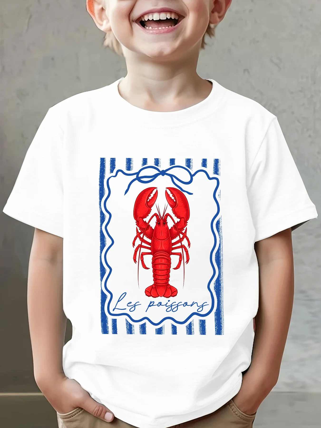 Vintage Lobster French Text Art Print Boys Girls Family Matching Cotton Short Sleeve Crew Neck Soft Summer Kids Casual Tees