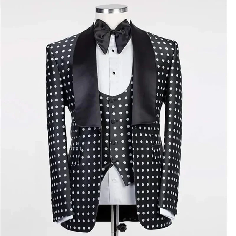 Black Dots Men Suits Slim Fit for Wedding 3 Pieces African Style Groom Tuxedo Custom Male Party Fashion Jacket Vest Pants